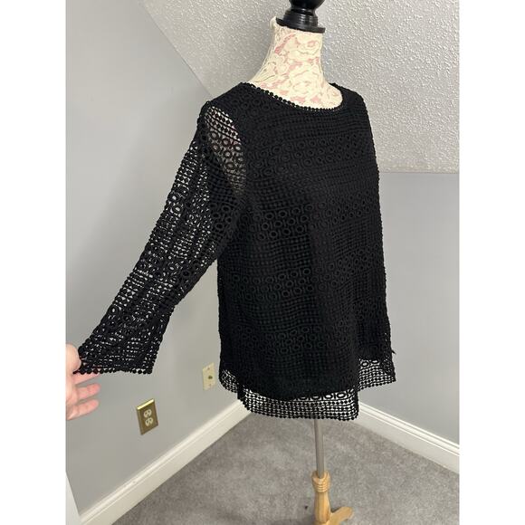 Talbots Black 3/4 Sleeve Scoop Neck Lace Overlay Top Size 1X READ - Picture 2 of 11